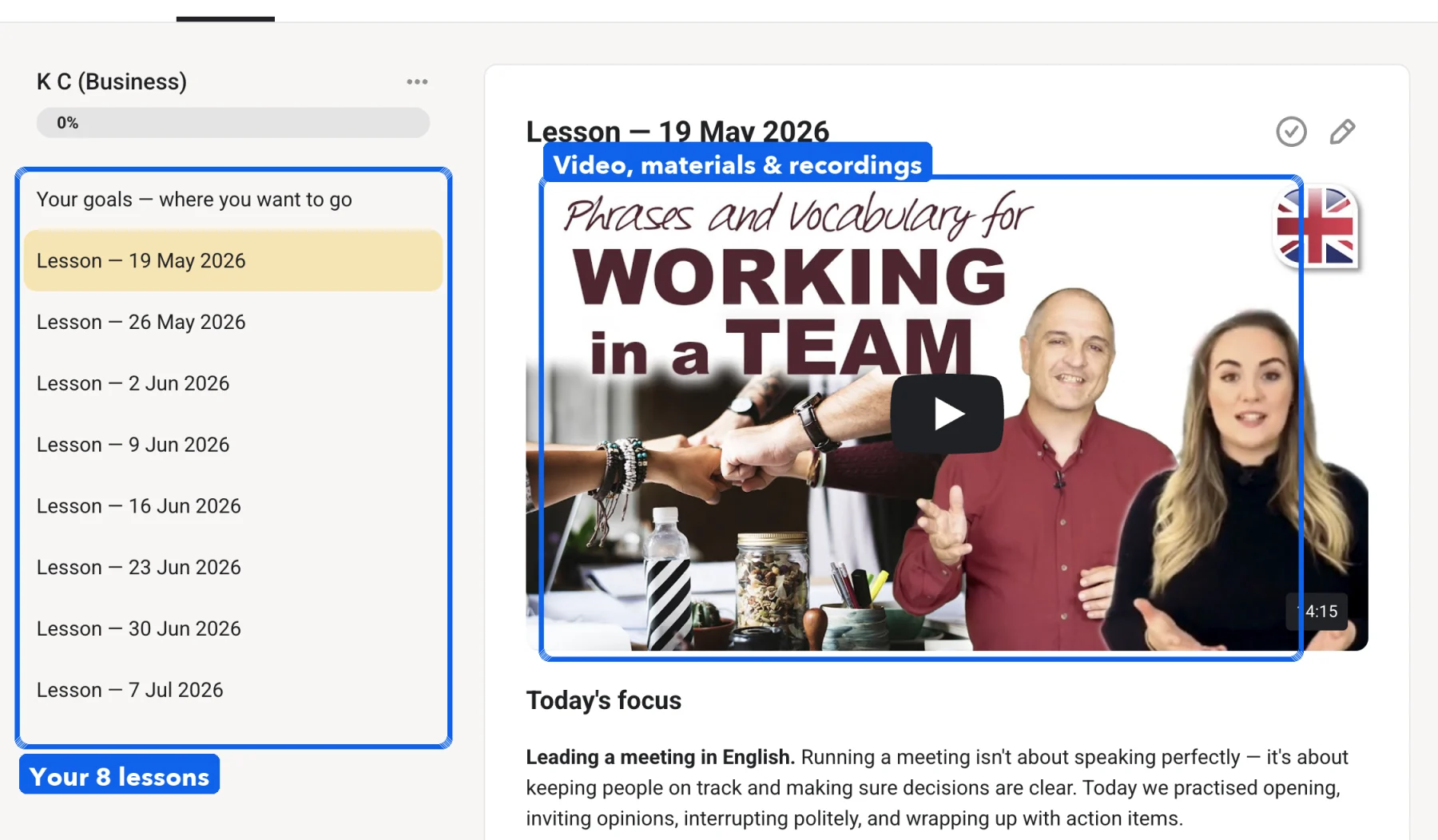 Lessons, materials and recordings inside one course